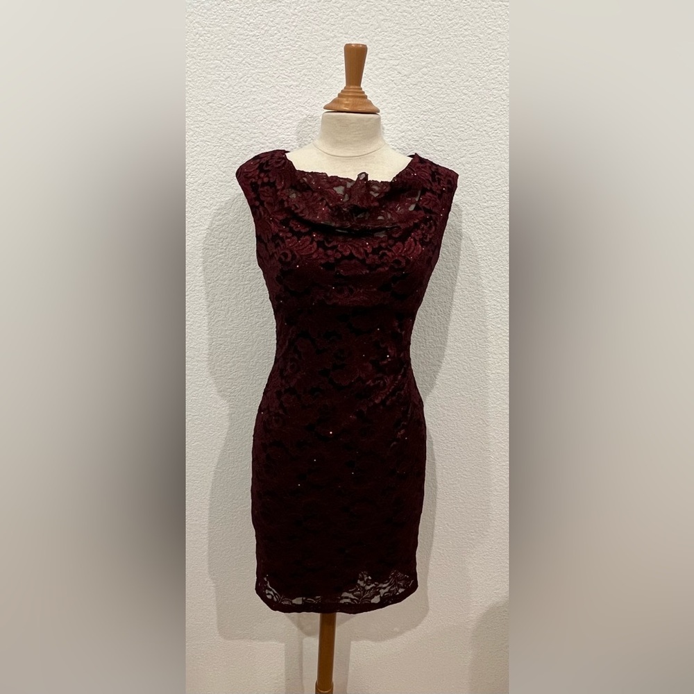 Scarlett Burgundy and Black‎ Floral Lace Sheath Dress.